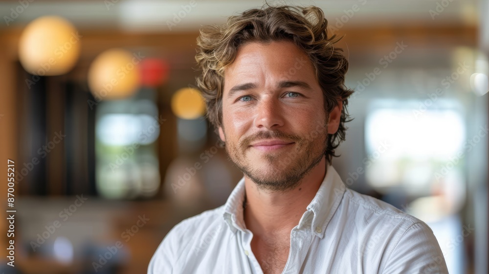 Smiling man with curly hair wearing a white shirt standing indoors with blurred background lights in a casual setting Smiling man with curly hair wearing a white shirt standing indoors with blurred background lights in a casual setting