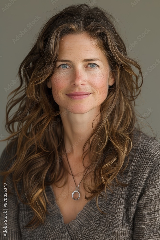 Fototapeta premium Portrait of a smiling woman with natural wavy hair wearing a gray sweater and necklace featuring a pendant against a plain background