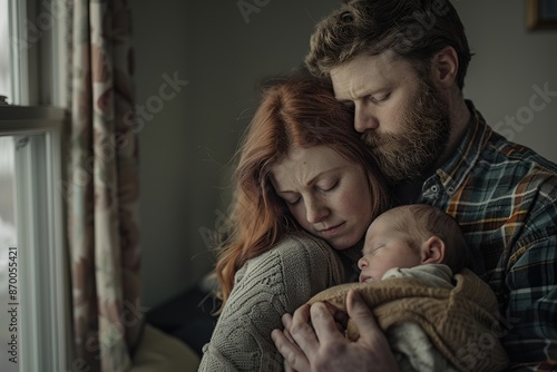 Young family with a newborn baby at home, Mother, father and child, Ai Generated photo