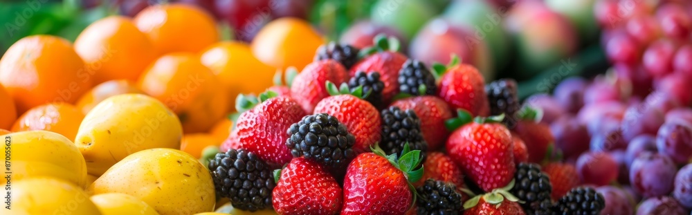 Enjoy the local market with a variety of colorful fruits from berries and citrus to strawberries and lemons Enjoy the local market with a variety of colorful fruits from berries and citrus to strawberries and lemons