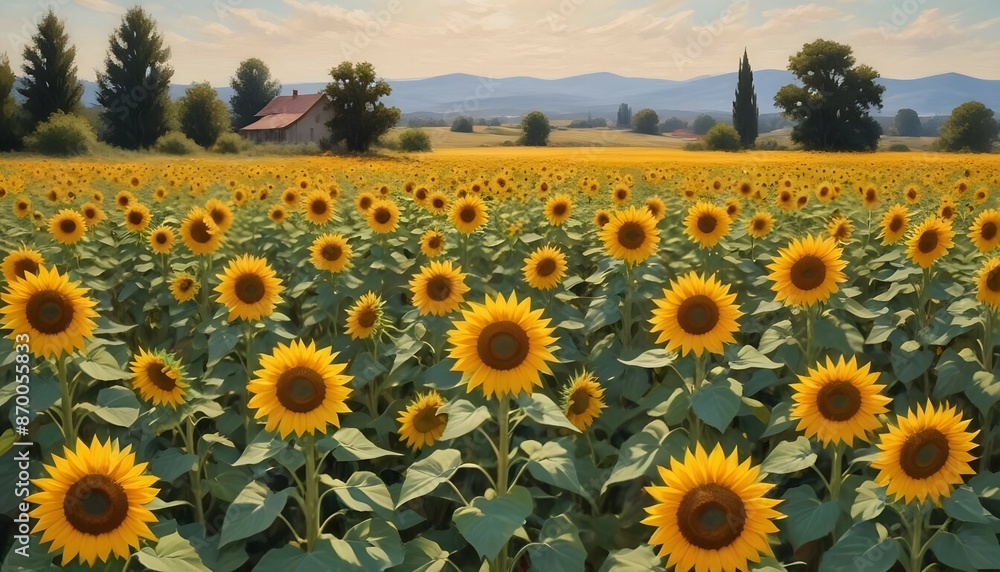 Fototapeta premium Sunflowers in various stages of bloom, creating a dynamic and textured landscape.