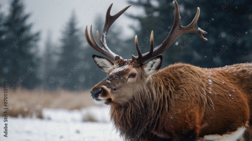 a red deer with large antlers standing in the snow a red deer with large antlers standing in the snow