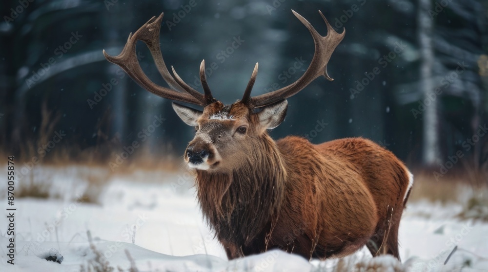 a red deer with large antlers standing in the snow a red deer with large antlers standing in the snow