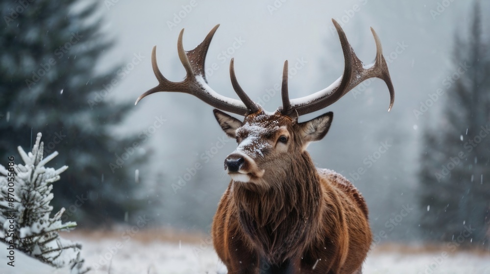 a red deer with large antlers standing in the snow a red deer with large antlers standing in the snow