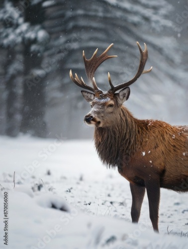 a red deer with large antlers standing in the snow © RENDISYAHRUL