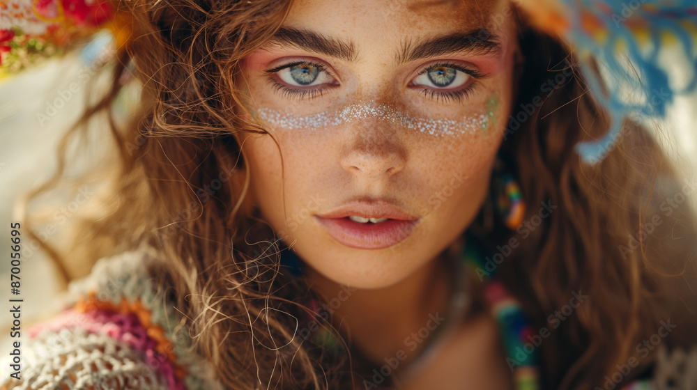 Bohemian Fashion Model with Handmade Crochet Top and Colorful Headband Bohemian Fashion Model with Handmade Crochet Top and Colorful Headband