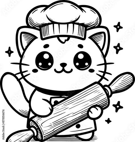 Chat ou chaton dessin kawaii au trait pour page et ou livre de coloriage pour enfant, adulte, trait noir vecteur totalement isolé du fond pour conception personnalisée 