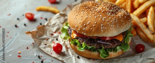 Close Up Of A Sesame Seed Bun Burger With Lettuce, Tomato, And Beef Patty Ser...