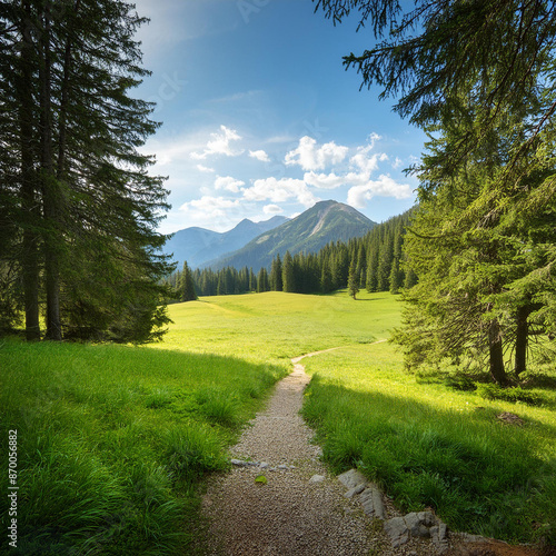 A sunny view from a forest path looking out to an open meadow with lots of trees and mountains in the distance