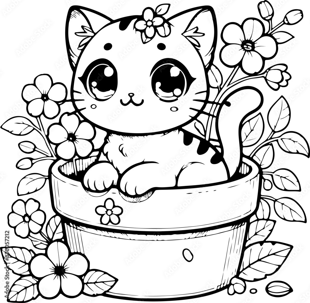 Chat ou chaton dans un pot de fleurs dessin kawaii au trait pour page et ou livre de coloriage pour enfant, adulte, trait noir vecteur totalement isolé du fond pour conception personnalisée Chat ou chaton dans un pot de fleurs dessin kawaii au trait pour page et ou livre de coloriage pour enfant, adulte, trait noir vecteur totalement isolé du fond pour conception personnalisée