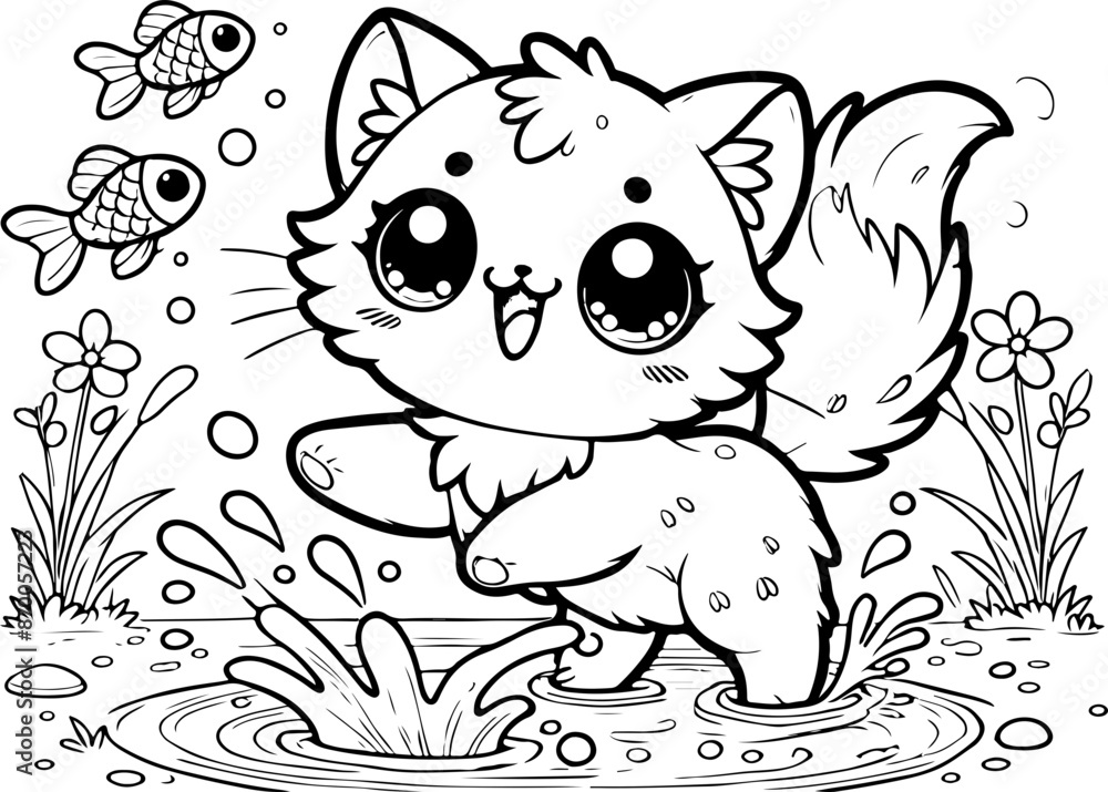 Fototapeta premium Chat ou chaton dessin kawaii au trait pour page et ou livre de coloriage pour enfant, adulte, trait noir vecteur totalement isolé du fond pour conception personnalisée 