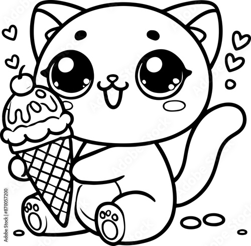 Chat ou chaton avec une glace  dessin kawaii au trait pour page et ou livre de coloriage pour enfant, adulte, trait noir vecteur totalement isolé du fond pour conception personnalisée 