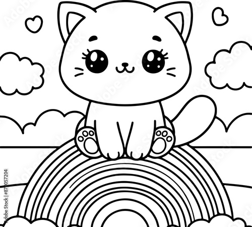 Chat ou chaton sur arc en ciel dessin kawaii au trait pour page et ou livre de coloriage pour enfant, adulte, trait noir vecteur totalement isolé du fond pour conception personnalisée 