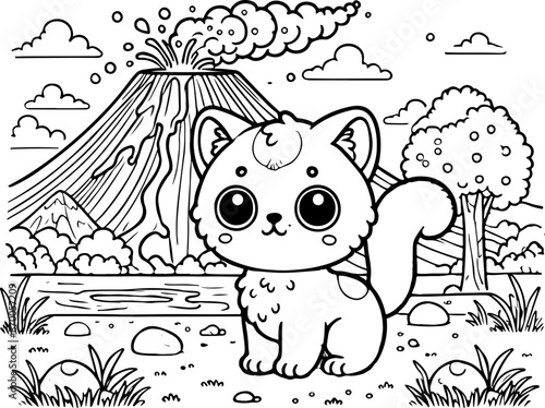 Chat ou chaton près d'un volcan a l'aventure dessin kawaii au trait pour page et ou livre de coloriage pour enfant, adulte, trait noir vecteur totalement isolé du fond pour conception personnalisée 