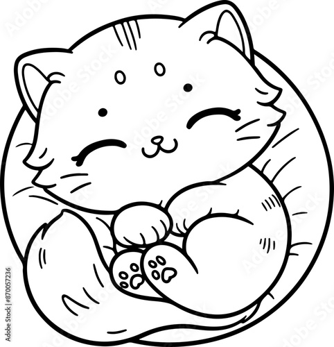 Chat ou chaton dessin se repose au coucher kawaii au trait pour page et ou livre de coloriage pour enfant, adulte, trait noir vecteur totalement isolé du fond pour conception personnalisée 