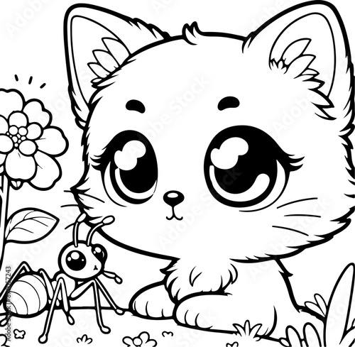 Chat ou chaton et insecte dessin kawaii au trait pour page et ou livre de coloriage pour enfant, adulte, trait noir vecteur totalement isolé du fond pour conception personnalisée 