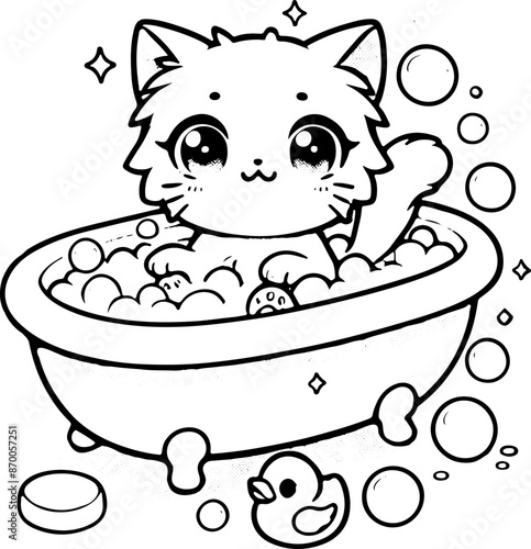 Chat ou chaton dans son bain baignoire dessin kawaii au trait pour page et ou livre de coloriage pour enfant, adulte, trait noir vecteur totalement isolé du fond pour conception personnalisée 