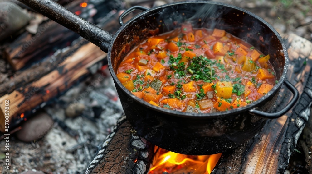 A pot simmering over a campfire filled with a hearty stew featuring foraged wild herbs. A pot simmering over a campfire filled with a hearty stew featuring foraged wild herbs.