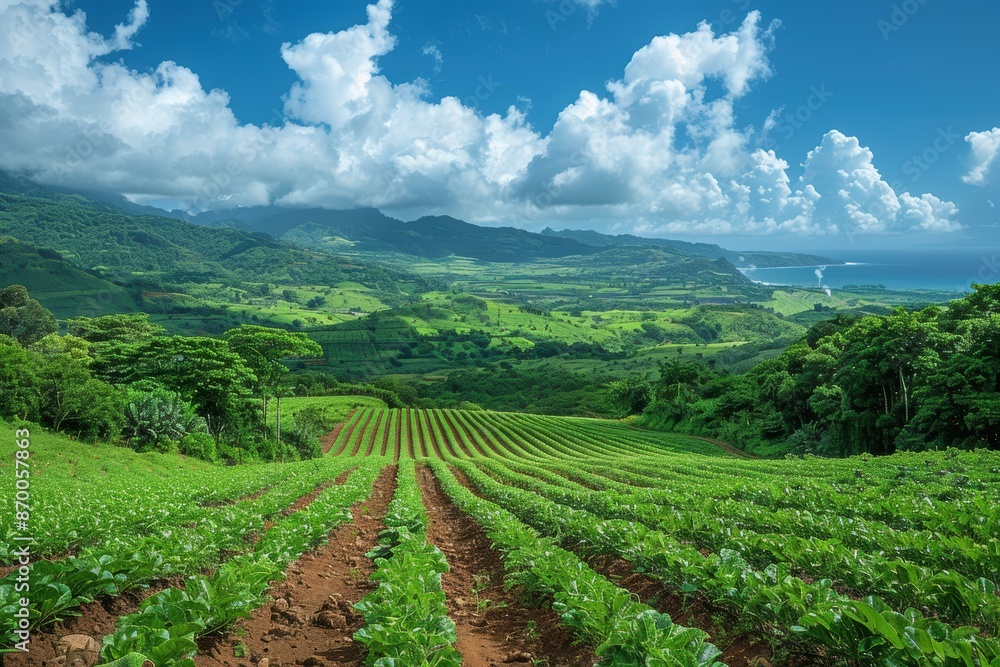 A breathtaking, panoramic view of lush, green farmland with rows of crops extending towards dense forests and rolling hills under a vibrant, blue sky with fluffy white clouds, along the scenic A breathtaking, panoramic view of lush, green farmland with rows of crops extending towards dense forests and rolling hills under a vibrant, blue sky with fluffy white clouds, along the scenic