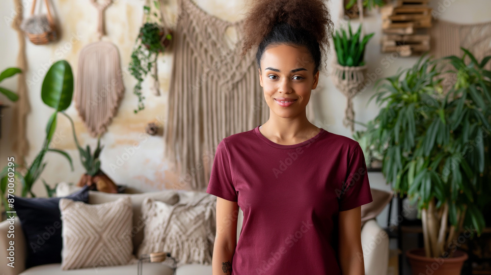 Maroon T-Shirt Mockup in Cozy Bohemian Living Room Maroon T-Shirt Mockup in Cozy Bohemian Living Room