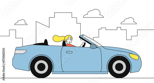 Woman in car. Young girl travels through city in vehicle. Driver at road or highway. Person in cabriolet. Character driving auto. Linear vector illustration