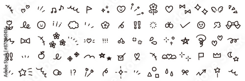 手書きの飾りイラストのベクターイラストセット。手描き、集中線、注目、星、ハート、果物、リボン