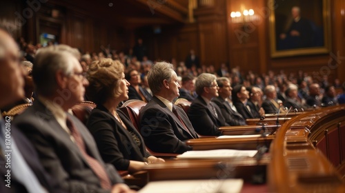 A formal gathering of officials and dignitaries in a grand, historic courtroom setting, each meticulously observing proceedings in the ornate and solemn environment photo