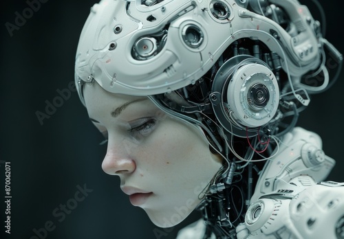 Close Up of a Female Cyborgs Head With Mechanical Components