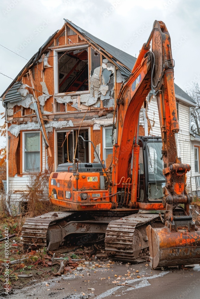 A large orange excavator is positioned in front of a partially demolished house, indicative of a construction or demolition project in a suburban neighborhood A large orange excavator is positioned in front of a partially demolished house, indicative of a construction or demolition project in a suburban neighborhood