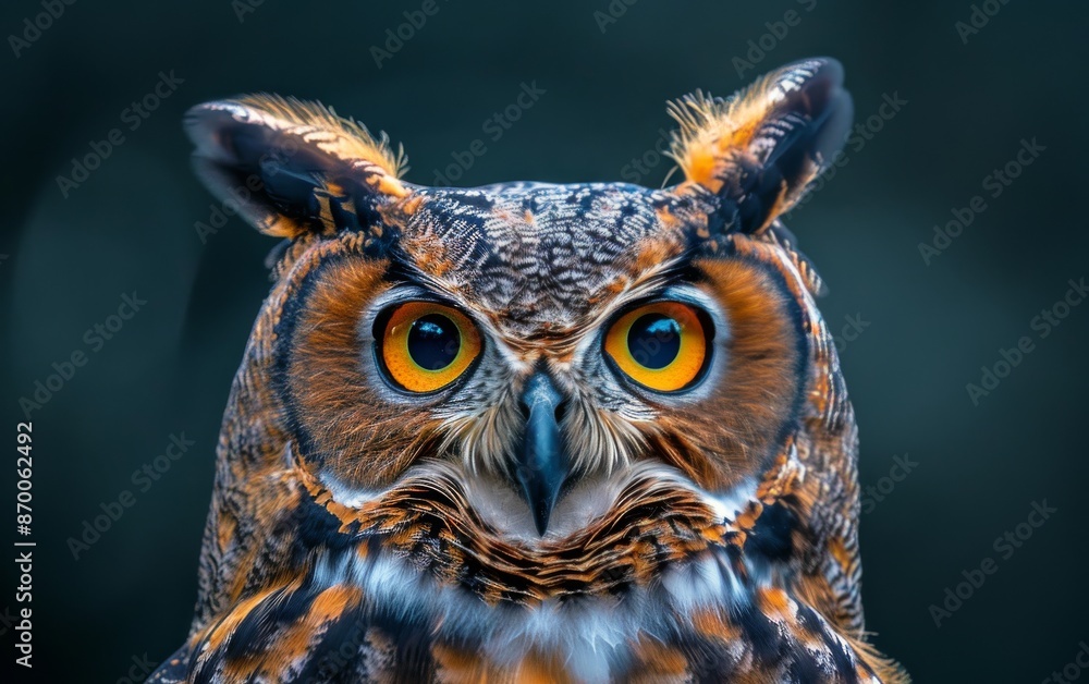 Close-Up Portrait of a Great Horned Owl With Intense Yellow Eyes Close-Up Portrait of a Great Horned Owl With Intense Yellow Eyes