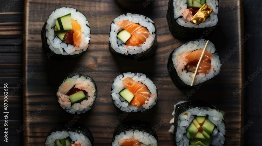 sushi rolls on a wooden tray sushi rolls on a wooden tray