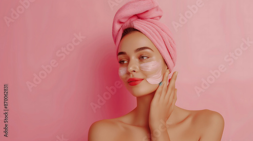 Young Woman With Towel on Head Applying Facial Cream