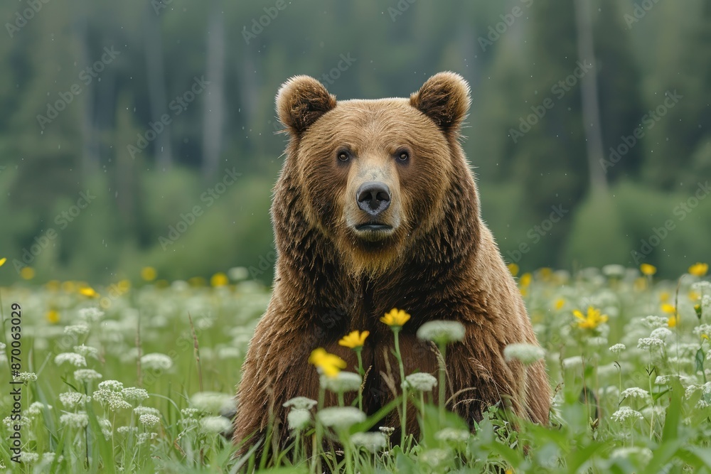 Obraz premium A majestic brown bear standing amidst a beautiful meadow of white and yellow wildflowers, with a lush green forest in the background, capturing the essence of nature's serene beauty