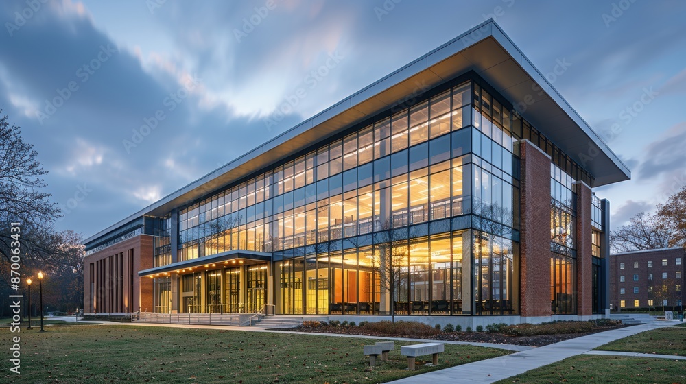 A modern glass and brick building with large windows and an illuminated interior is surrounded by a green landscape, under a dramatic sky during twilight A modern glass and brick building with large windows and an illuminated interior is surrounded by a green landscape, under a dramatic sky during twilight