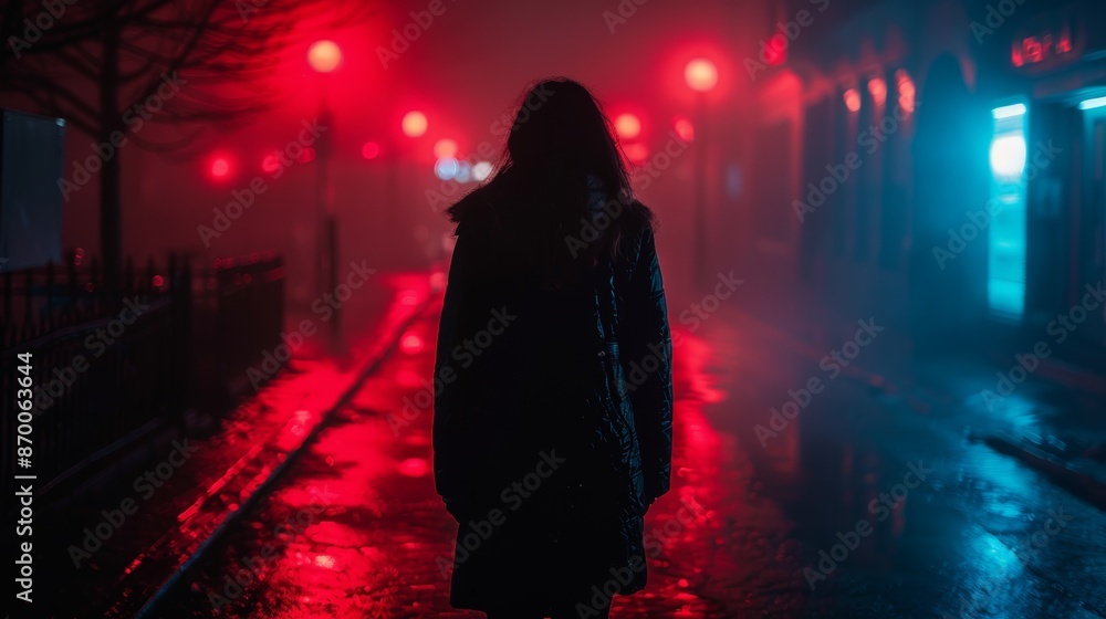 A person in a dark, reflective coat walks down an illuminated, misty street at night, framed by vibrant red and blue lights creating a dramatic and mysterious atmosphere A person in a dark, reflective coat walks down an illuminated, misty street at night, framed by vibrant red and blue lights creating a dramatic and mysterious atmosphere