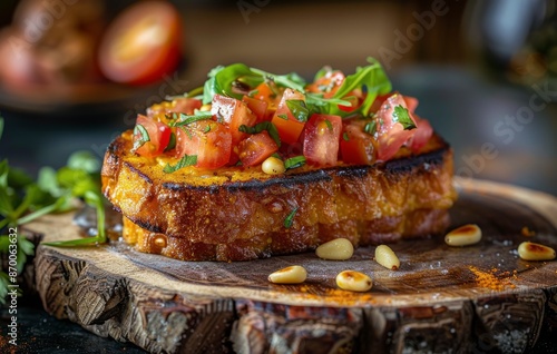 Tomato, Pesto, and Pine Nut Sandwich on Rustic Wooden Board