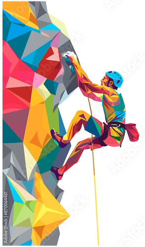 Professional male athlete performing climbing sport. Colorful geometric vector illustration