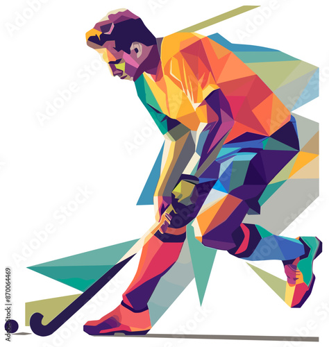 Geometric illustration of man playing field hockey. Vector design illustration