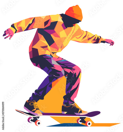 Male athlete skateboarding, colorful geometric illustration. vector design on transparent background