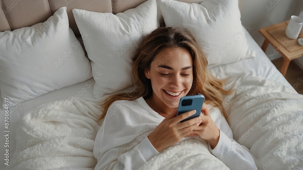 woman relaxing in bed with mobile woman relaxing in bed with mobile