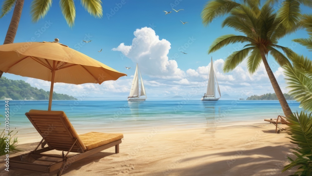 Summer Background Tranquil Beach Scene with Palm Trees and Sailboats Under a Clear Sky Summer Background Tranquil Beach Scene with Palm Trees and Sailboats Under a Clear Sky