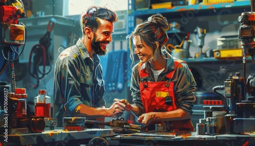 Success and satisfaction, happy mechanics celebrating after completing a repair, vibrant colors, high contrast, realistic illustration photo