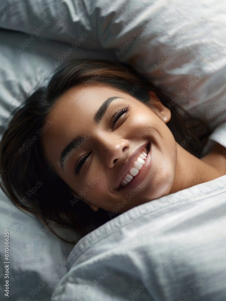Top view of a woman smiling in bed Top view of a woman smiling in bed