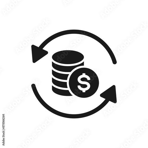 Dollar coins in circular arrow. Money rotation, currency exchange icon flat style isolated on white background. Vector illustration