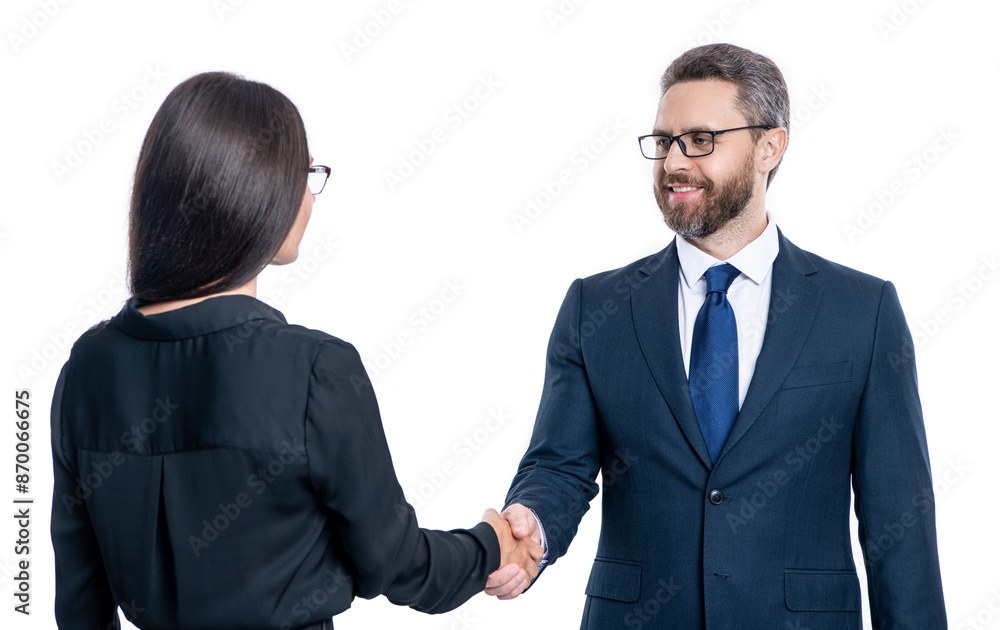 successful business partnership. two successful businesspeople partner celebrating business success with handshake. partnership and business success. businesspeople isolated on white. merger successful business partnership. two successful businesspeople partner celebrating business success with handshake. partnership and business success. businesspeople isolated on white. merger