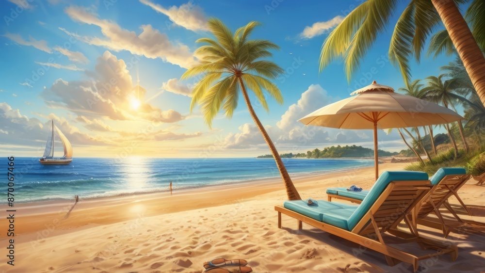 Summer Background Tranquil Beach Scene with Palm Trees and Sailboats Under a Clear Sky Summer Background Tranquil Beach Scene with Palm Trees and Sailboats Under a Clear Sky