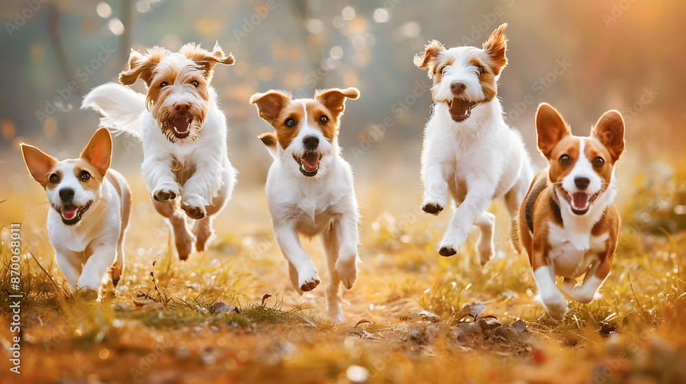A delightful group of energetic and mischievous puppies joyfully running jumping and playing together in a lush blurred meadow capturing the essence of pure canine and unbridled enthusiasm A delightful group of energetic and mischievous puppies joyfully running jumping and playing together in a lush blurred meadow capturing the essence of pure canine and unbridled enthusiasm