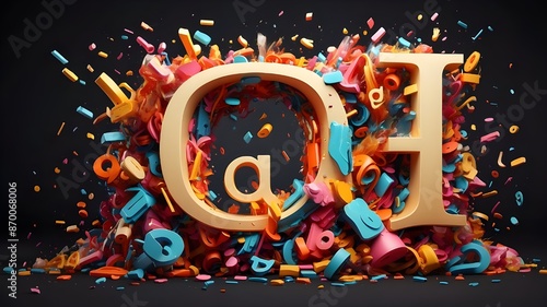The letters Q R S T U from the alphabet explode into a lively, colorful, vibrant alphabet explosion. set apart against a dark backdrop. Conceptual letters and numbers collection for a creative celebra photo