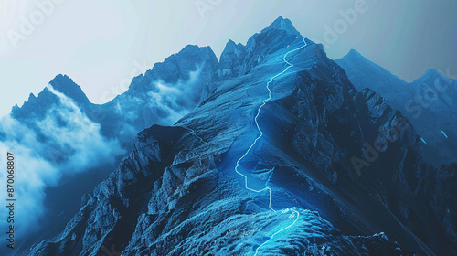 blue line of mountain with a path to the top successful concept
