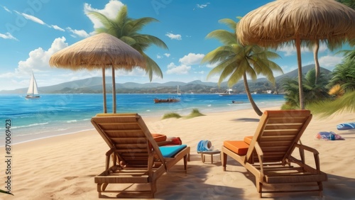 Wallpaper Mural Summer Background Tranquil Beach Scene with Palm Trees and Sailboats Under a Clear Sky Torontodigital.ca
